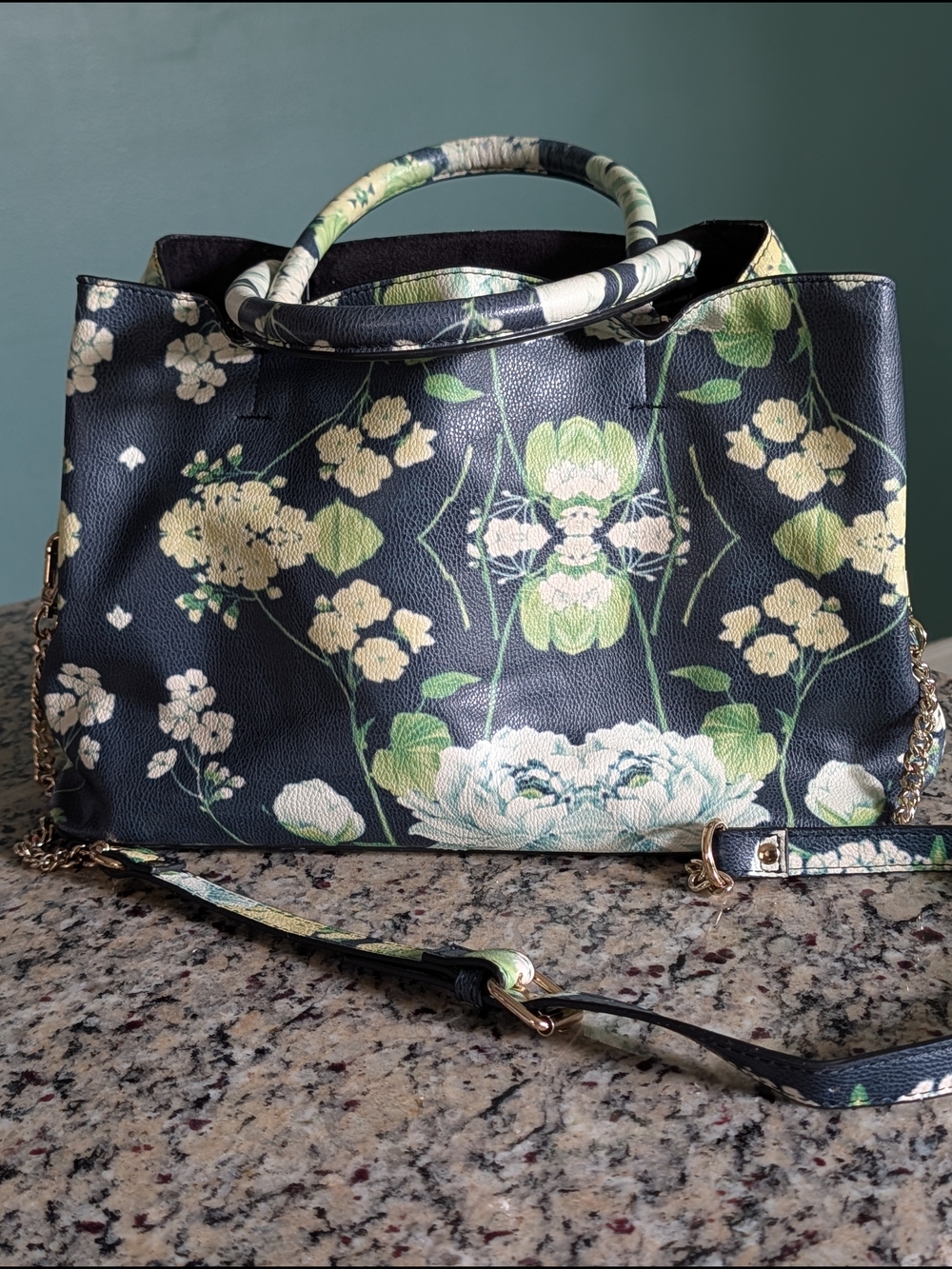 Steve Madden Black Floral Shoulder Tote with Green Accents
